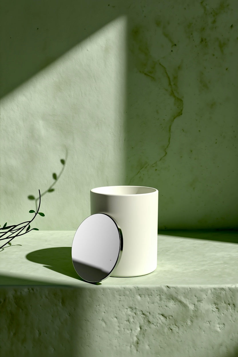 White cylindrical container with a reflective lid on a light surface against a green wall.Aurum Blanc Brume Alpine luxury winter candle UK in white ceramic vessel with silver lid, premium scented candle with alpine fir, frosted pine, cedar, and amber notes.