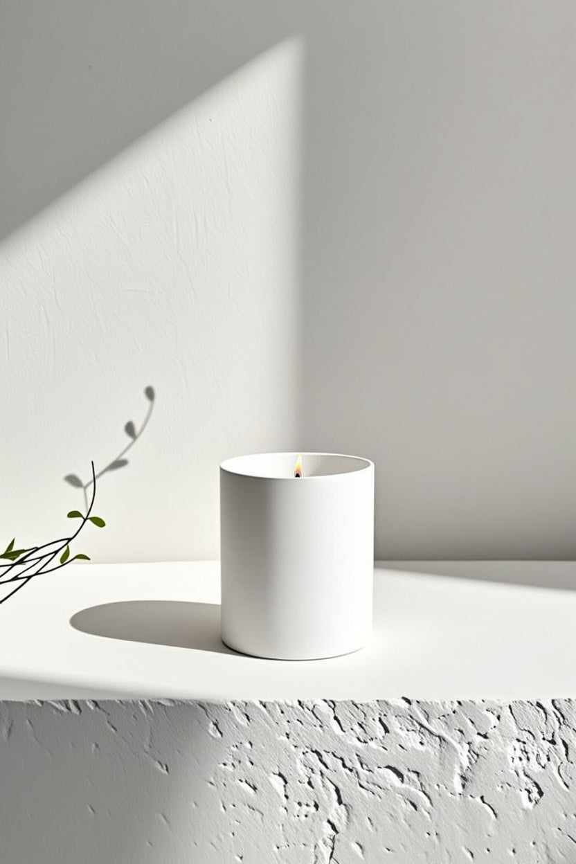 White candle on a white surface with a minimal background Aurum Blanc Brise des Pins luxury winter candle UK in white ceramic vessel with silver lid, premium scented candle with eucalyptus, juniper, pine, and sandalwood notes.