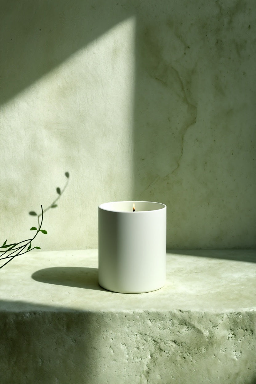 White candle on a stone surface with a minimalistic background Aurum Blanc Brume Alpine luxury winter candle UK in white ceramic vessel with silver lid, premium scented candle with alpine fir, frosted pine, cedar, and amber notes.