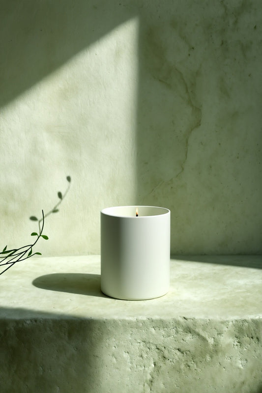 White candle on a stone surface with a minimalistic background Aurum Blanc Brume Alpine luxury winter candle UK in white ceramic vessel with silver lid, premium scented candle with alpine fir, frosted pine, cedar, and amber notes.