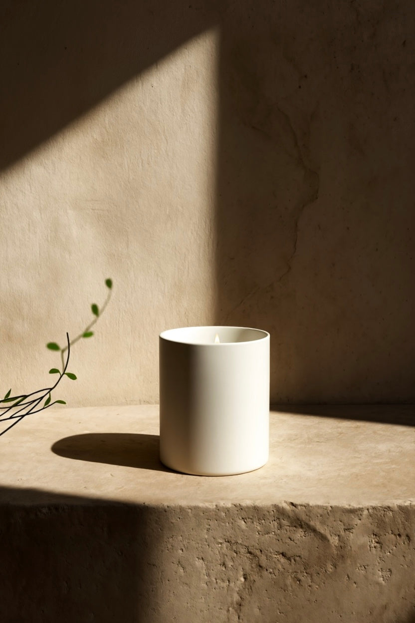 White ceramic cup on a stone surface with a beige wall and plant in the backgroundLuxury winter candle UK with birch, smoky peat, patchouli, and amber. A premium scented candle for calming winter home fragrance and cozy ambiance.