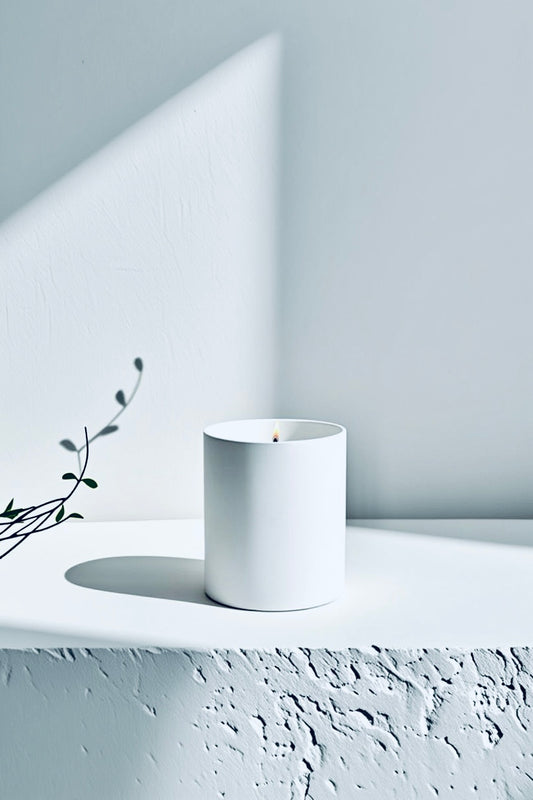 Luminous snow front side ,luxury winter candle“ Aurum Blanc luxury winter candle in minimalist white vessel, premium scented candle with white amber and woody notes.”