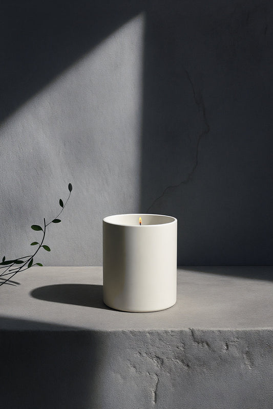 White candle on a grey surface with a dark backgroundAurum Blanc Nuit d’Hiver luxury winter candle UK in white ceramic vessel with silver lid, premium scented candle with eucalyptus, cedar, patchouli, and amber notes.