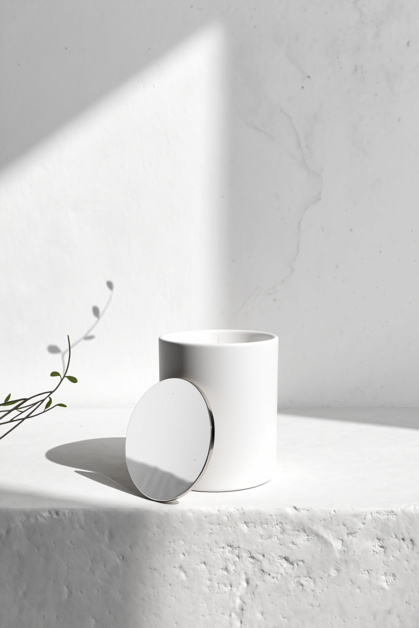 White ceramic pot on a light grey surface with a minimalistic background Aurum Blanc Brise des Pins luxury winter candle UK in white ceramic vessel with silver lid, premium scented candle with eucalyptus, juniper, pine, and sandalwood notes.