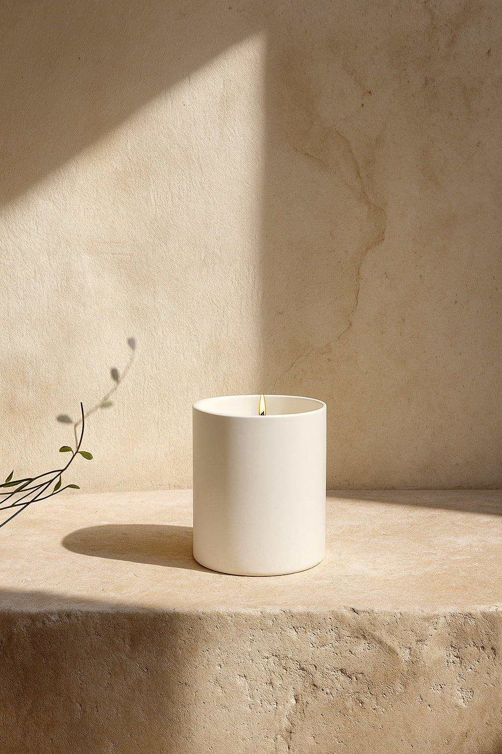 White candle on a stone surface with a beige wall in the background Aurum Blanc Pommes Épicées luxury winter candle UK in white ceramic vessel with silver lid, premium scented candle with lemon, ginger, apple, and vanilla notes.