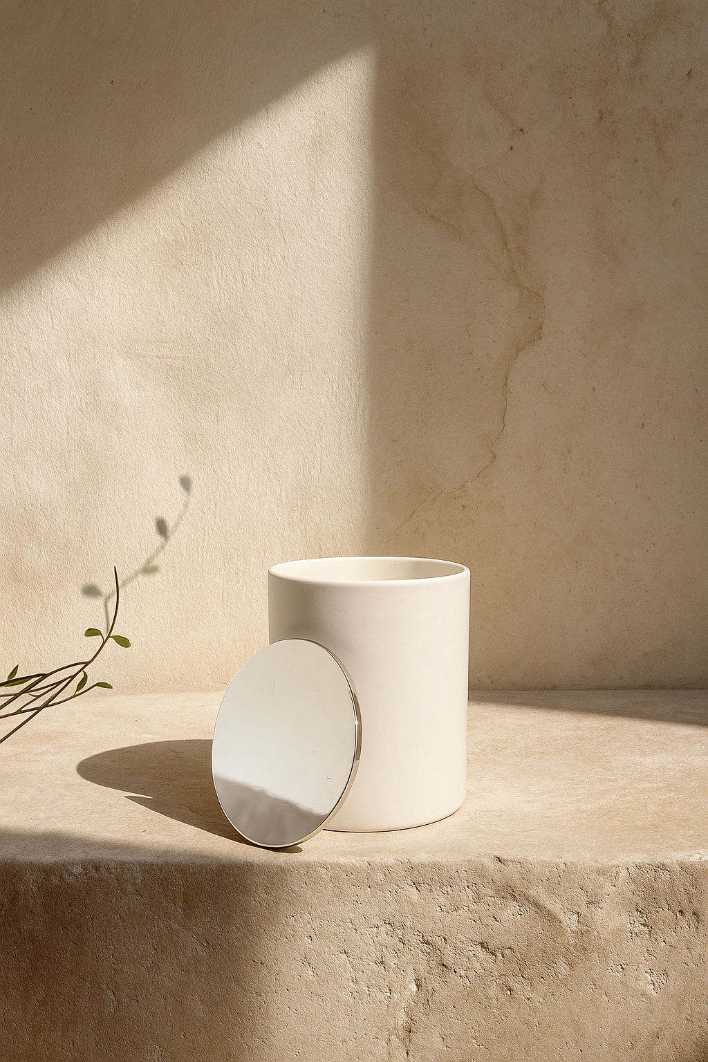 White ceramic container with a lid on a beige surface with a neutral wall background Aurum Blanc Pommes Épicées luxury winter candle UK in white ceramic vessel with silver lid, premium scented candle with lemon, ginger, apple, and vanilla notes.